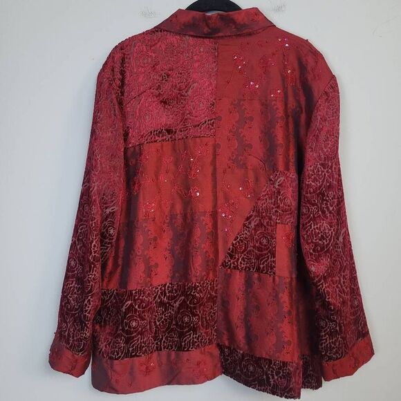 Coldwater Creek Silk Velvet Burnout Button Up Top Size L Red Embroidered Artsy - Picture 2 of 7